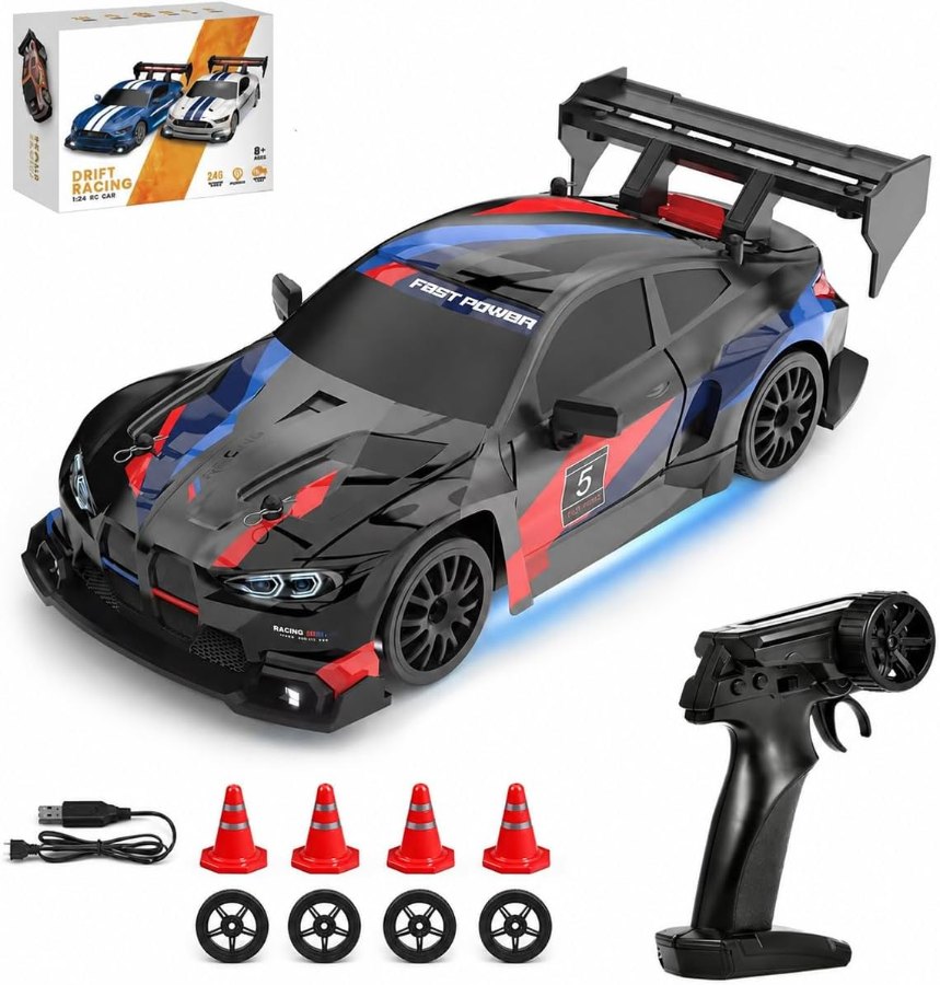 Siereolly Drift Car 1:24 in Schwarz mit roten und blauen Streifen, Pylonen, Ersatzreifen und Fernsteuerung