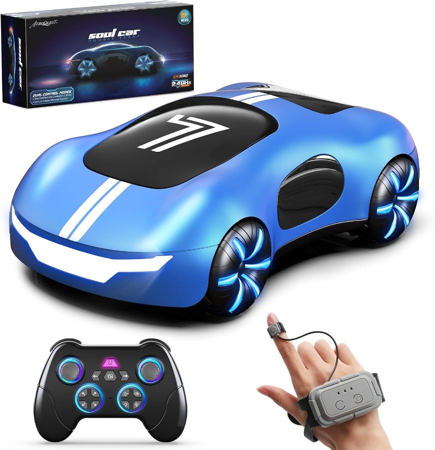 Blaues AEROQUEST Stunt-Drift-Auto mit Lichteffekten und Gestensteuerung am Handgelenk