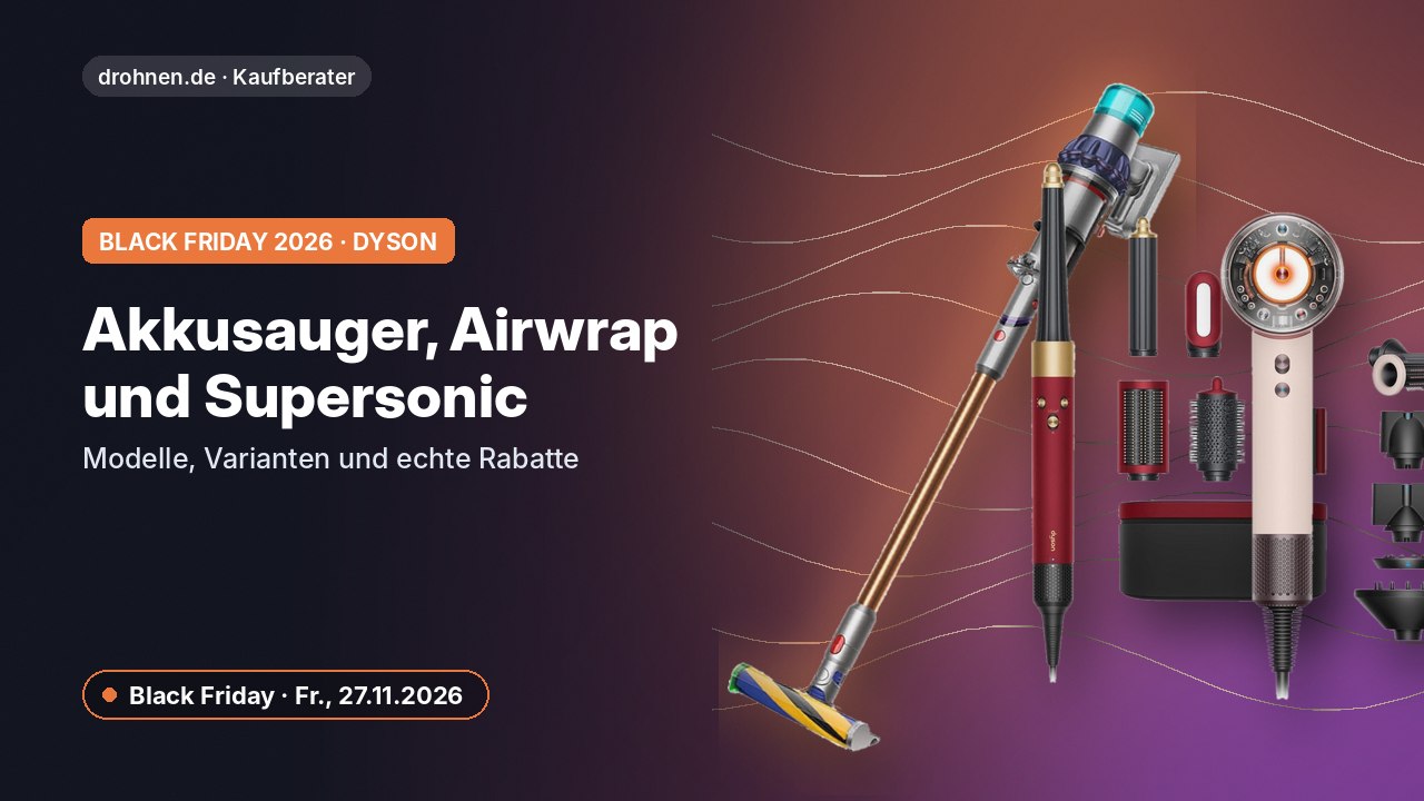 Grafik zum drohnen.de-Kaufberater: Dyson am Black Friday 2026 – Akkusauger, Airwrap und Supersonic, mit Produktbildern