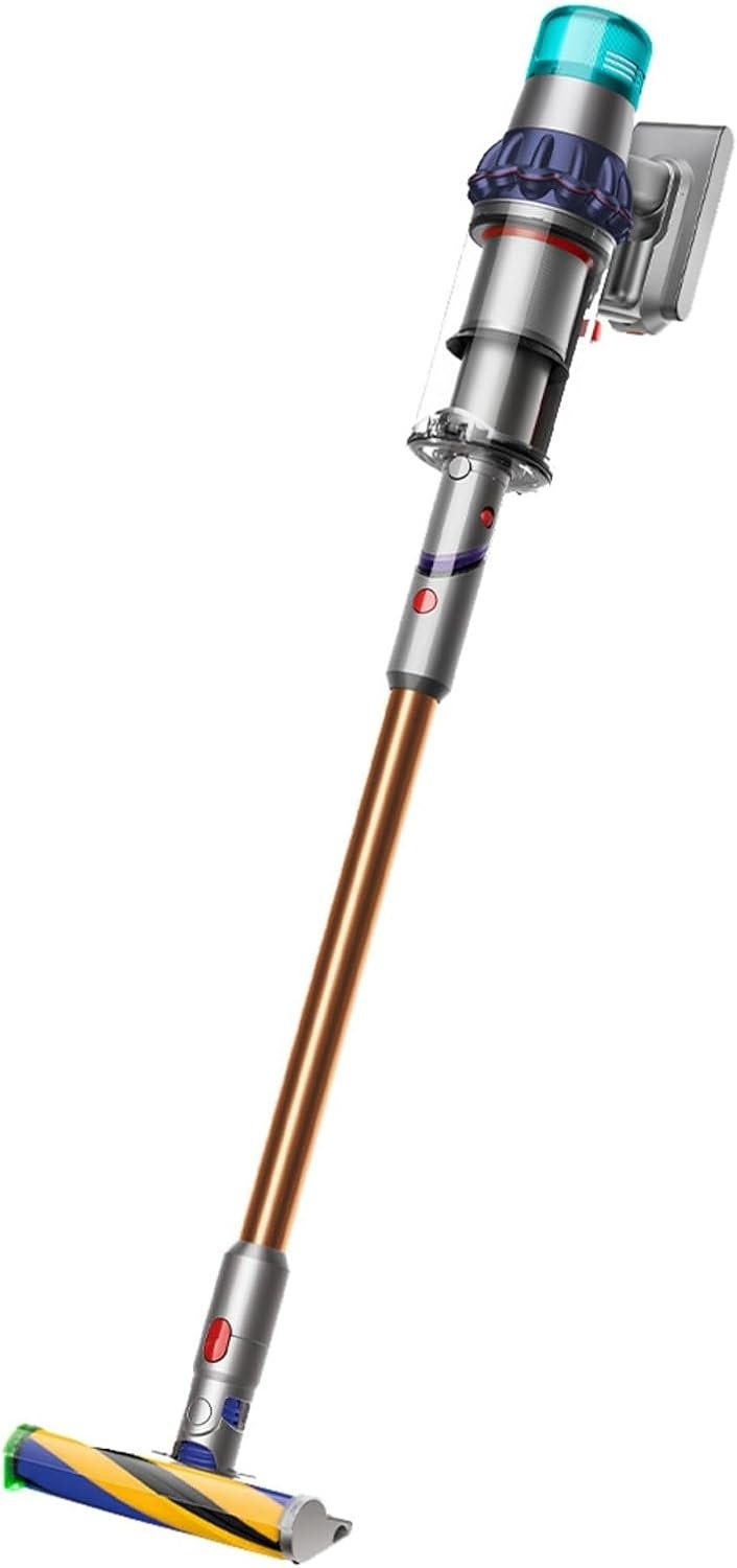 Dyson V15 Detect Absolute Akkusauger mit langem Rohr und Laser-Bodendüse vor weißem Hintergrund