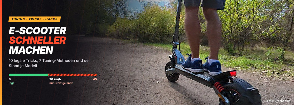 E-Scooter schneller machen – Banner zum Drohnen.de-Beitrag über Tuning-Methoden und legale Tricks