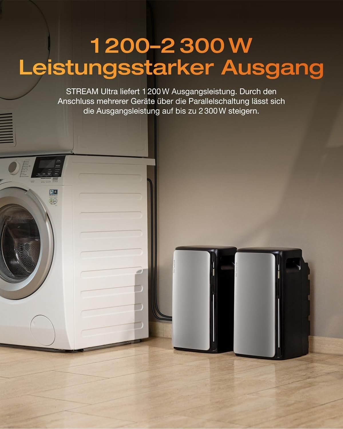 EcoFlow STREAM Ultra Speicher mit Hinweis auf 1.200 bis 2.300 Watt leistungsstarken Ausgang