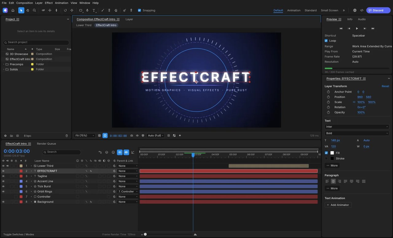 EffectCraft Oberfläche mit animiertem Titel in der Komposition und Ebenen-Zeitleiste mit Keyframes