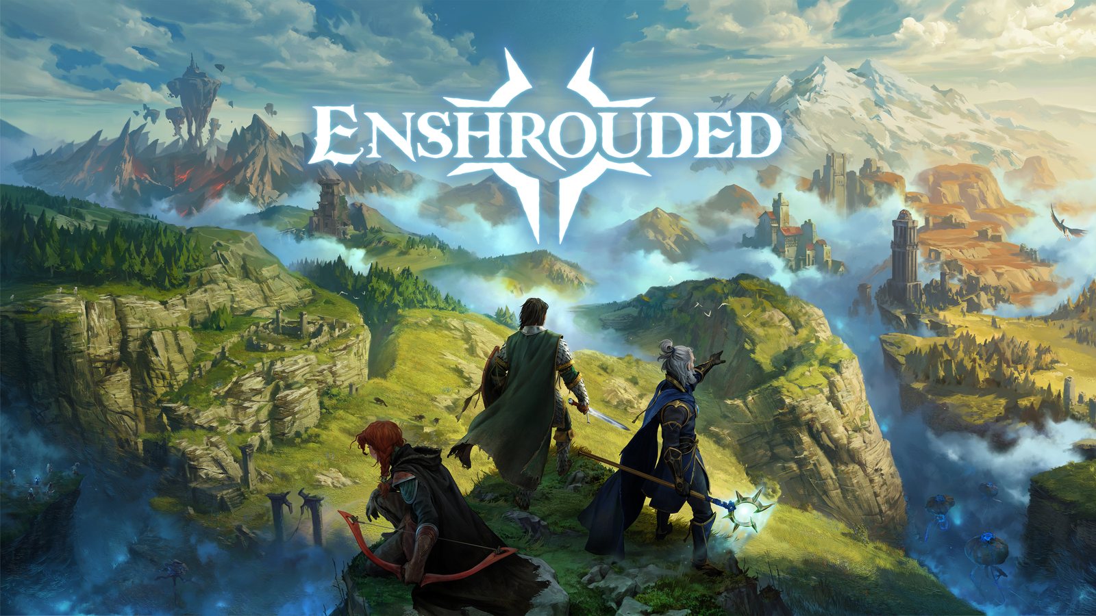 Key-Art von Enshrouded: Drei Figuren mit Bogen, Schwert und Magierstab blicken von einer Anhöhe über eine nebelverhangene Landschaft mit Burgen und Bergen