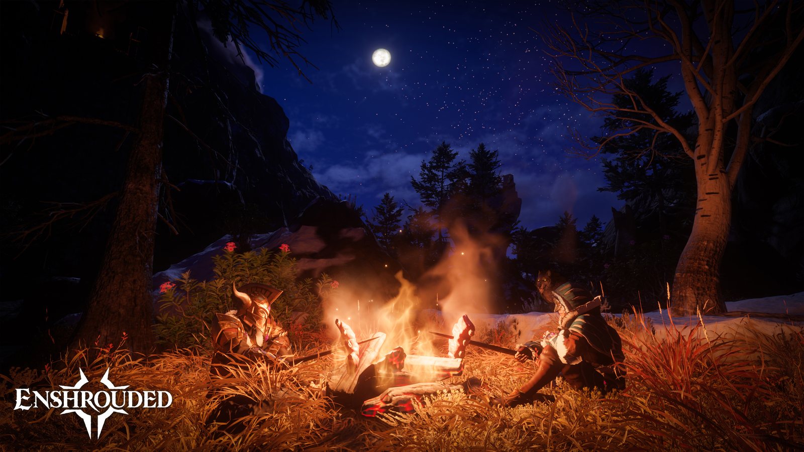 Spielszene aus Enshrouded: Zwei Spielfiguren sitzen nachts unter dem Vollmond an einem Lagerfeuer und grillen Fleisch