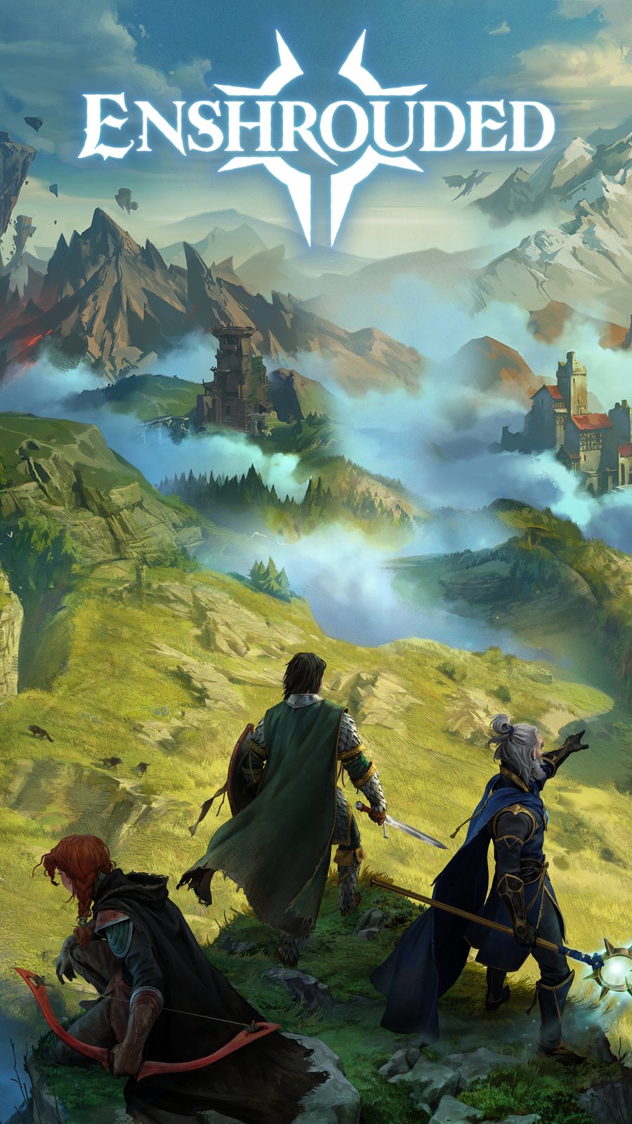 Key-Art von Enshrouded im Hochformat: Drei Figuren mit Bogen, Schwert und Magierstab stehen auf einem Hügel über einer nebligen Landschaft mit Burgen