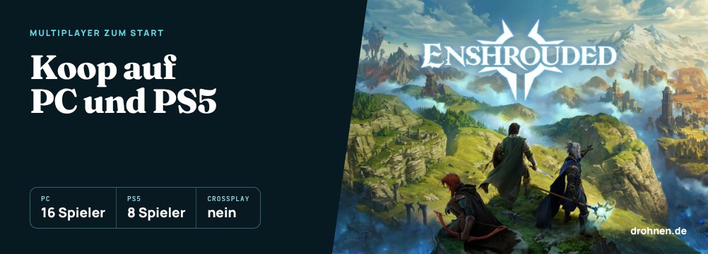 Banner mit dem Schriftzug Koop auf PC und PS5 neben der Key-Art von Enshrouded, Eckdaten 16 Spieler auf dem PC, 8 Spieler auf der PS5 und kein Crossplay