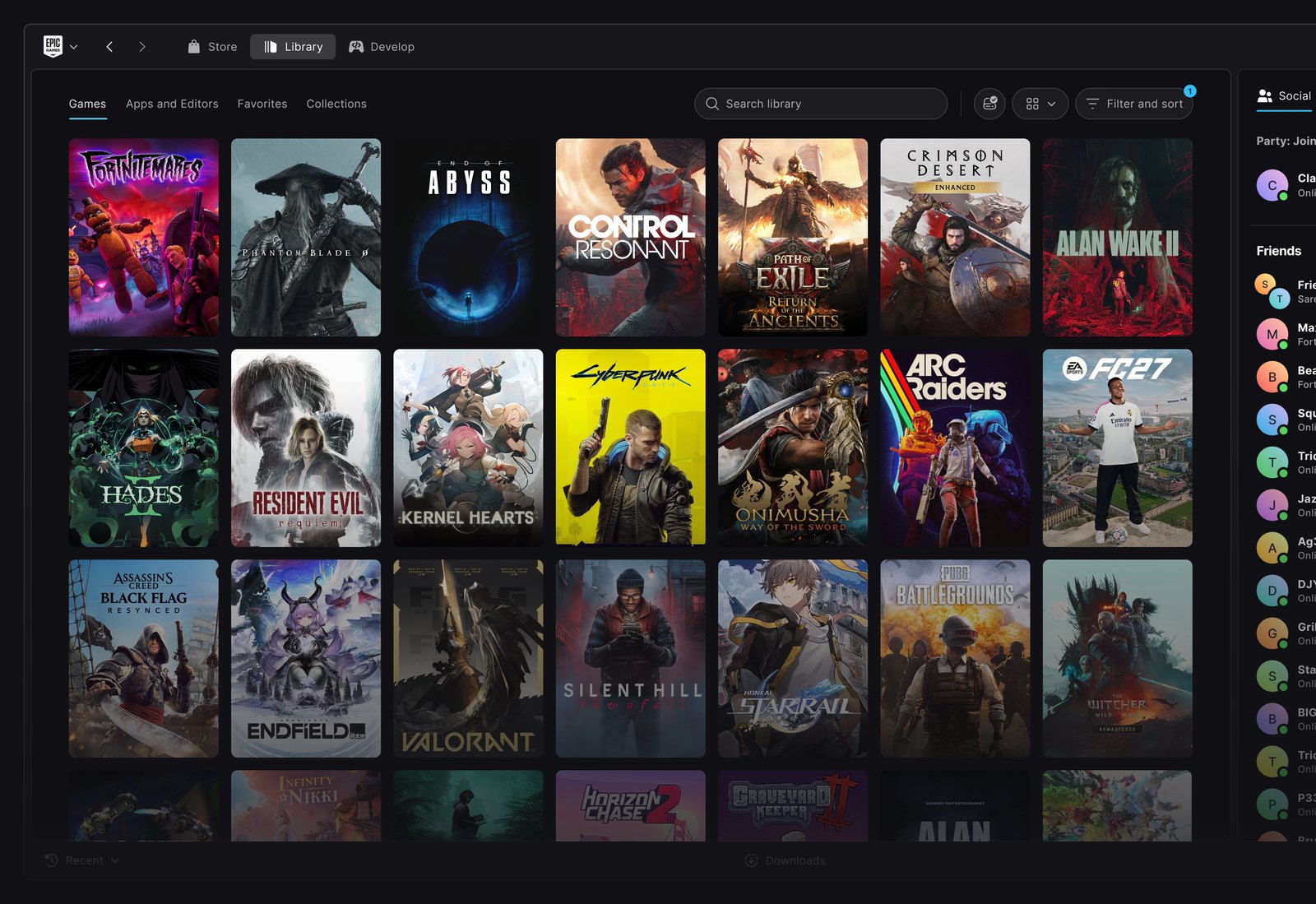 Offizielle Darstellung der Bibliothek im neuen Epic Games Launcher mit Reitern für Store, Library und Develop, einem Raster aus Spielecovern, Suchfeld, Filter und einer Freundesliste am rechten Rand