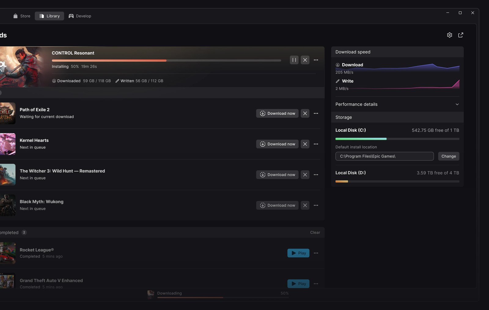 Offizielle Darstellung des Downloadmanagers im neuen Epic Games Launcher mit Installationsfortschritt, Warteschlange, Kurven für Download- und Schreibgeschwindigkeit und freiem Speicherplatz pro Laufwerk