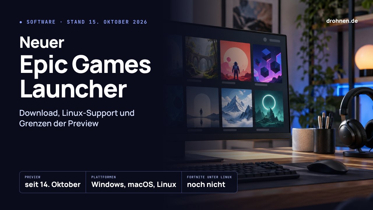 Grafik mit dem Schriftzug Neuer Epic Games Launcher über einem Monitor mit Spielebibliothek, darunter die Eckdaten Preview seit 14. Oktober, Windows, macOS und Linux sowie Fortnite unter Linux noch nicht