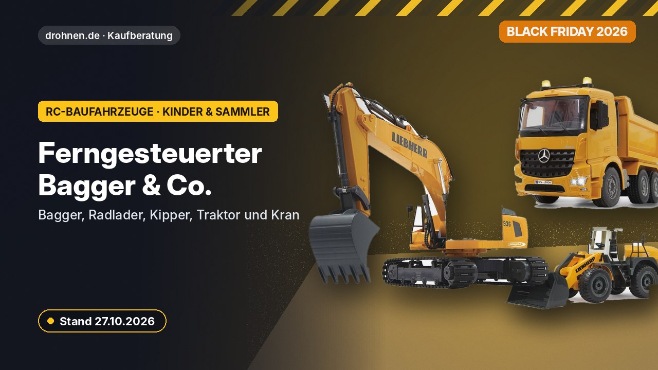 Ferngesteuerter Bagger, Muldenkipper und Radlader von Jamara vor dunklem Hintergrund mit Titel „Ferngesteuerter Bagger & Co.“