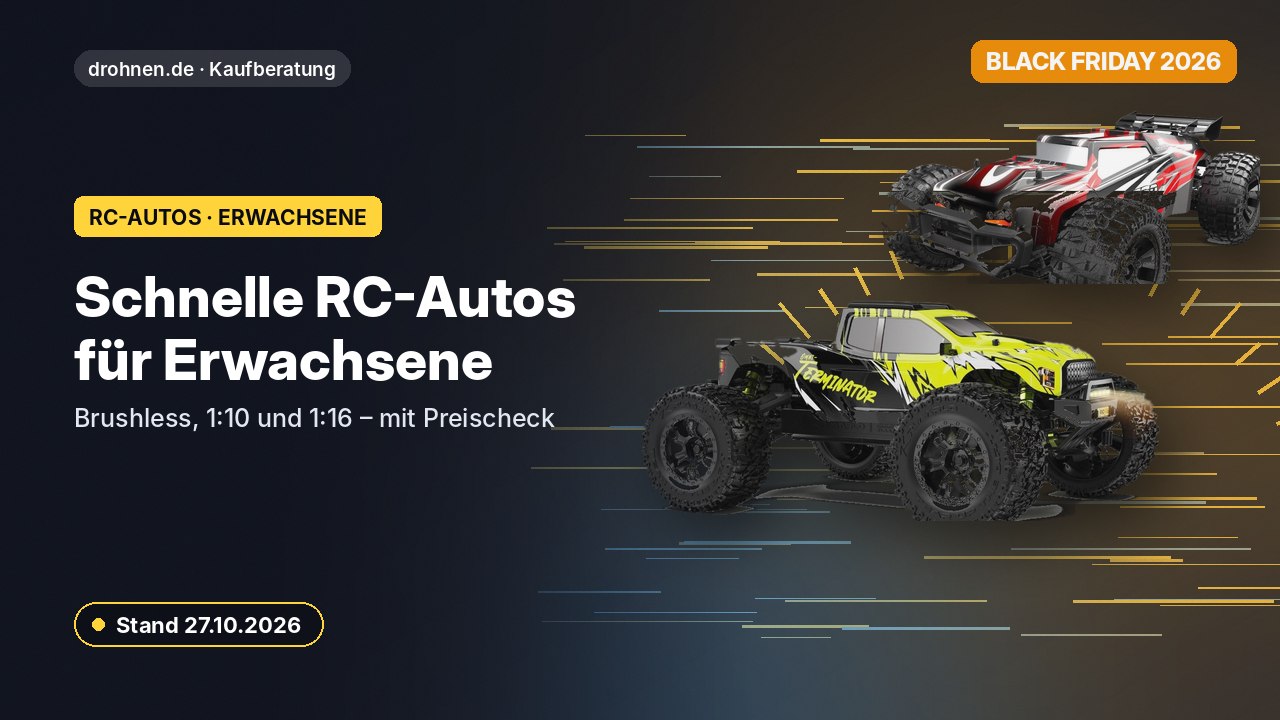 Headergrafik: gelber Brushless-Monstertruck und rot-weißer RC-Truck auf dunklem Hintergrund, Titel Schnelle RC-Autos für Erwachsene, Hinweis Black Friday 2026