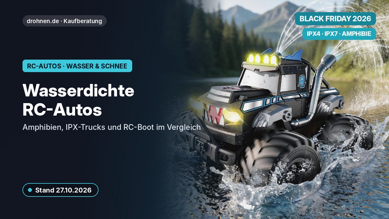 Headergrafik: ferngesteuerter Amphibien-Monstertruck mit LED-Leuchten fährt durch Wasser, Titel Ferngesteuertes Auto wasserdicht und Black-Friday-2026-Hinweis