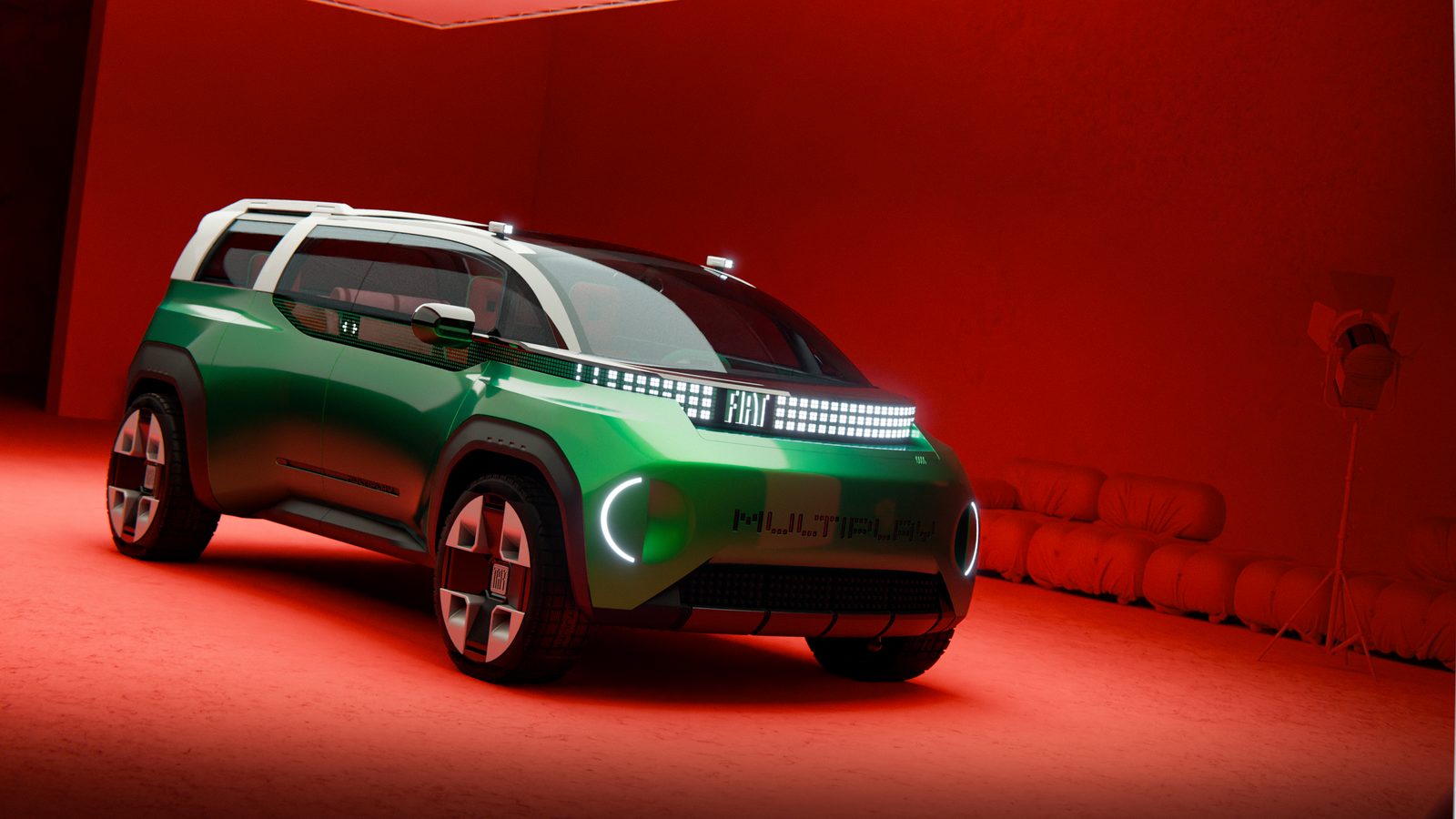 Grüne Fiat Multiplay Konzeptstudie mit geschlossenem Heck in schräger Frontansicht