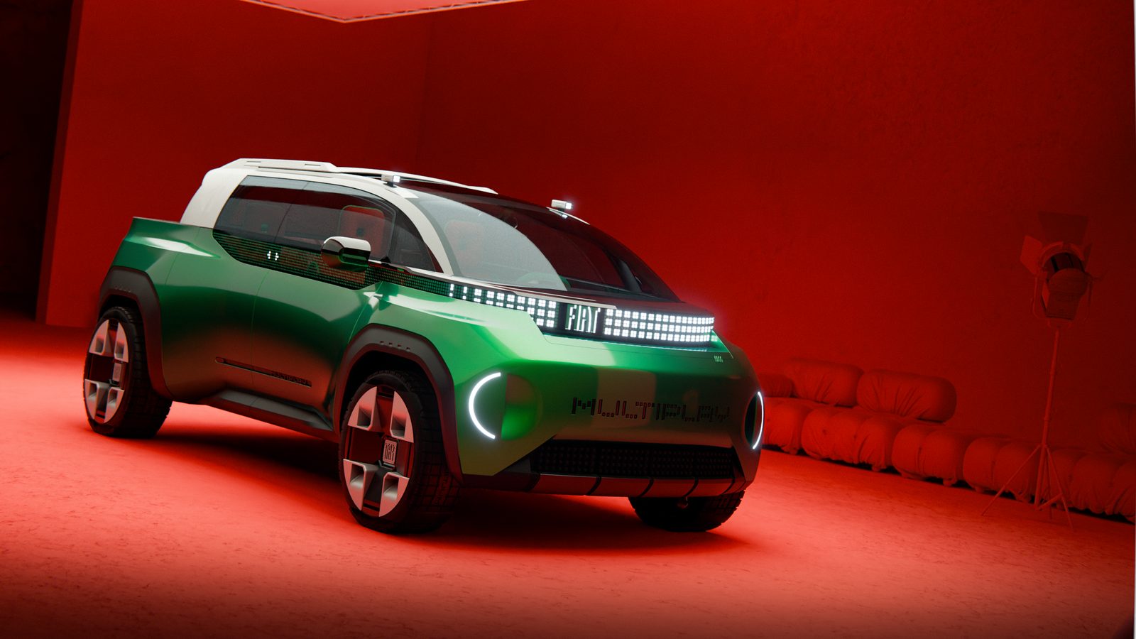 Grüne Fiat Multiplay Konzeptstudie mit offener Ladefläche in schräger Frontansicht