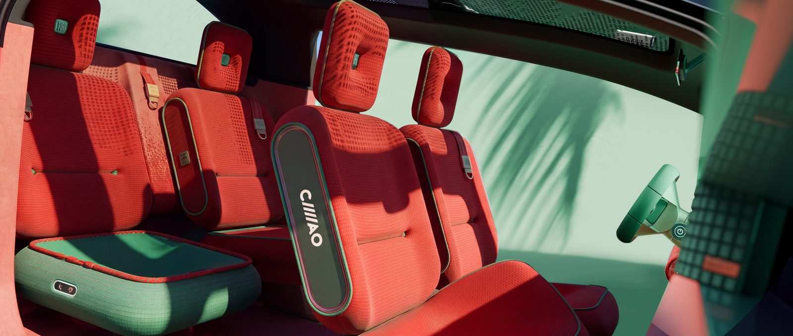 Rote Sitze mit grünen Flächen im Innenraum der Fiat Multiplay Konzeptstudie