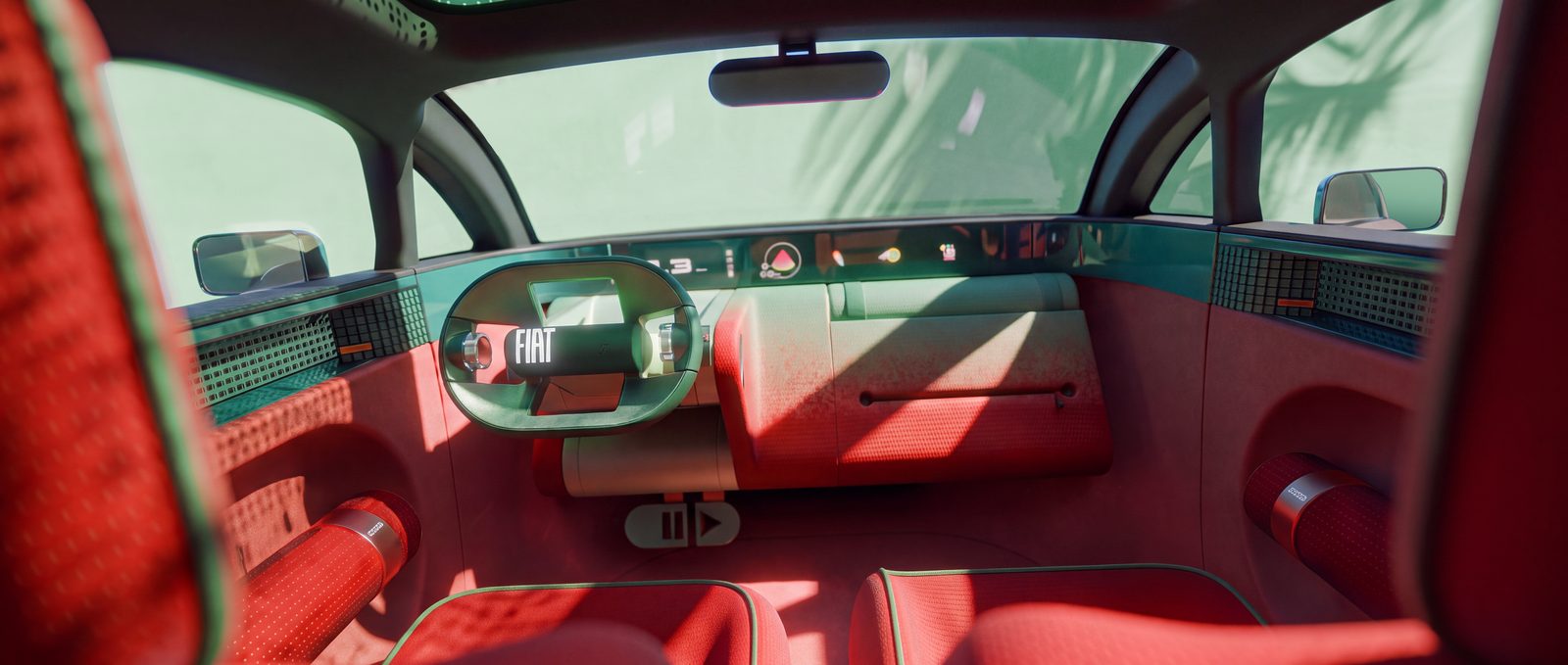 Grünes Lenkrad und horizontales Armaturenbrett im rot-grünen Cockpit der Fiat Multiplay Konzeptstudie