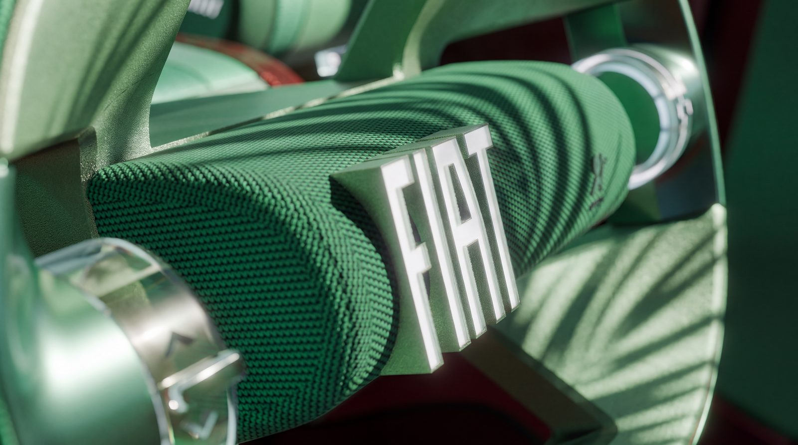 Grünes Lenkrad mit Fiat-Schriftzug und Textilbezug in der Fiat Multiplay Konzeptstudie