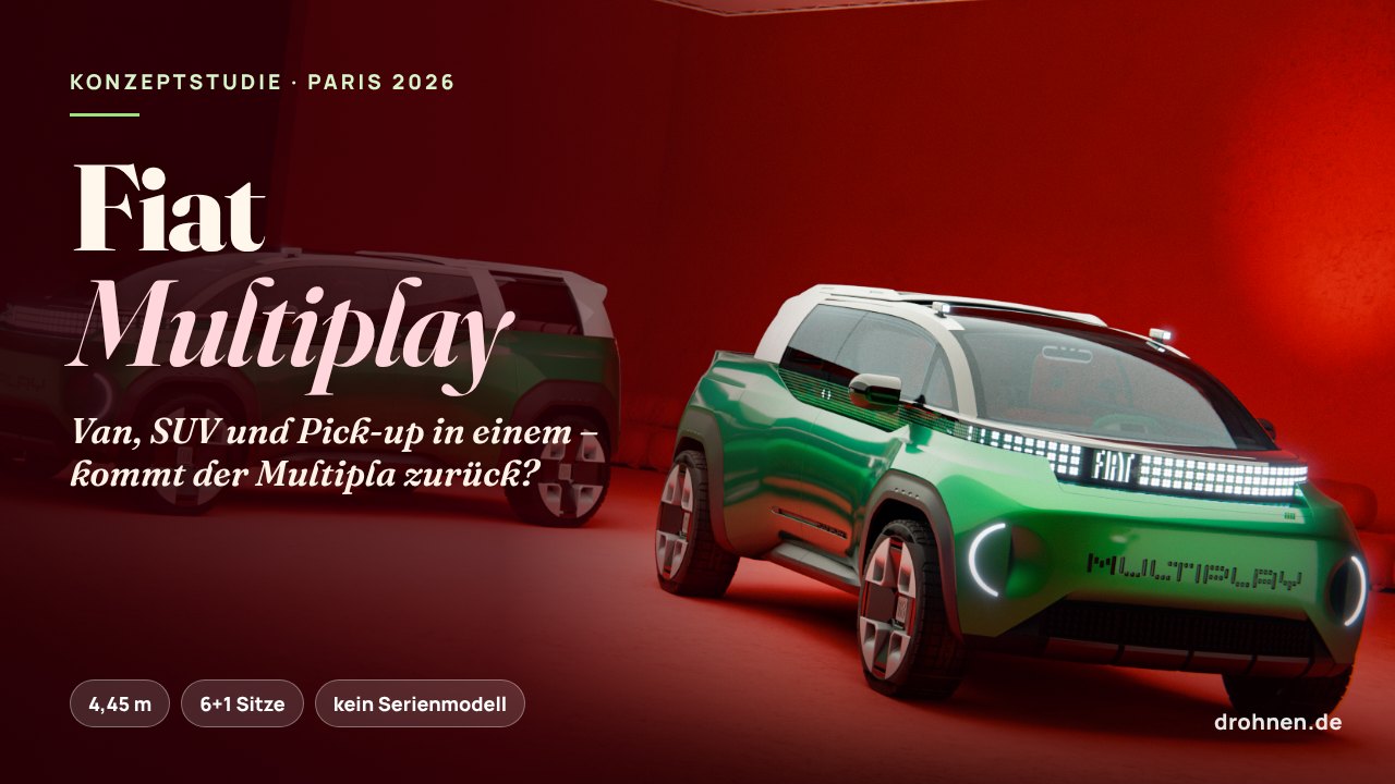 Grafik Fiat Multiplay Konzeptstudie Paris 2026 mit grünem Konzeptfahrzeug vor rotem Hintergrund, 4,45 Meter, 6+1 Sitze, kein Serienmodell