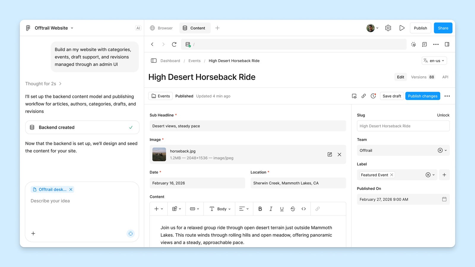 Offizieller Figma-Screenshot: Figma Make im CMS-Modus mit Chatverlauf links und Payload-Bearbeitungsmaske für den Eintrag High Desert Horseback Ride rechts