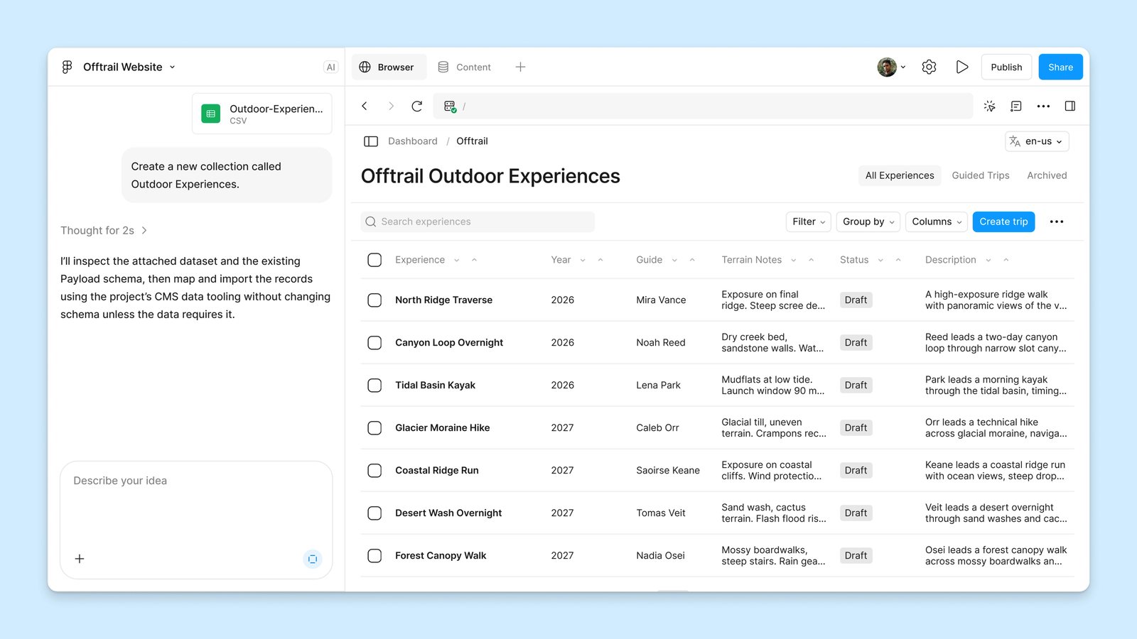 Offizieller Figma-Screenshot: Figma Make erzeugt aus einer hochgeladenen CSV-Datei die Payload-Collection Offtrail Outdoor Experiences mit Tabelle
