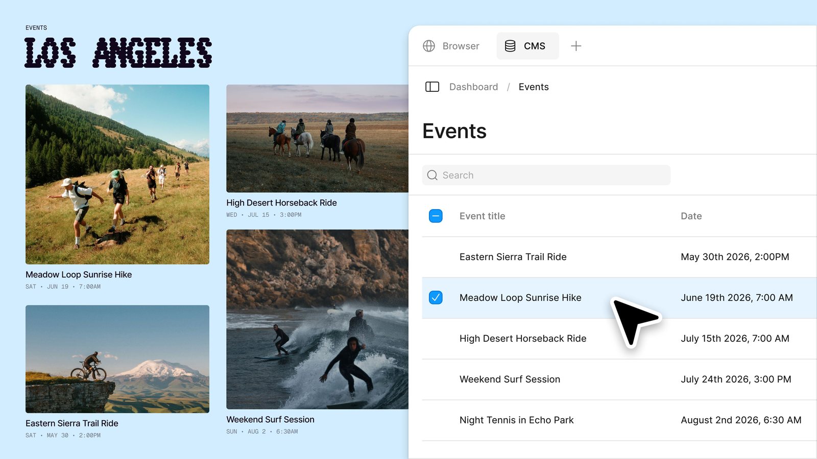 Offizieller Figma-Screenshot: Eventseite Los Angeles neben der Payload-Liste Events mit Titeln und Datumsangaben