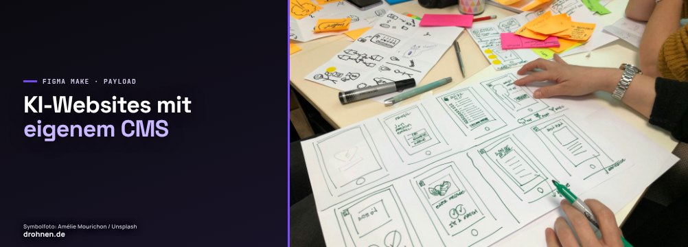 Banner mit skizzierten Wireframes und Haftnotizen und dem Schriftzug KI-Websites mit eigenem CMS