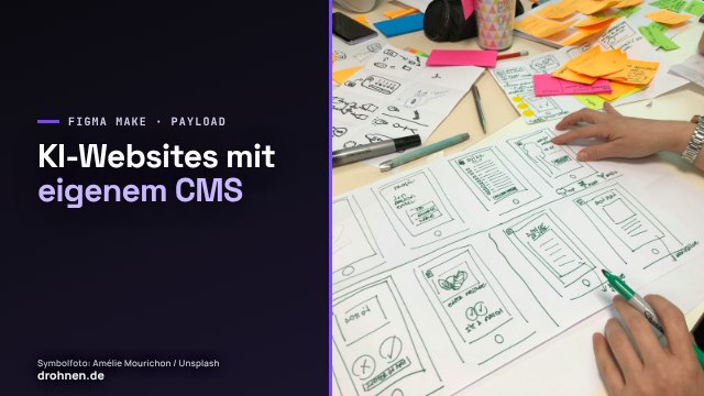 Symbolbild mit skizzierten App-Wireframes auf einem Tisch und dem Titel KI-Websites mit eigenem CMS