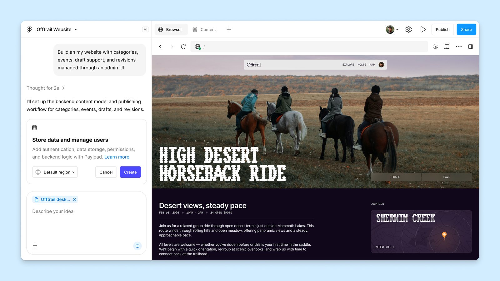 Offizieller Figma-Screenshot: Figma Make im Vorschaumodus mit Chat links, Dialog zum Anlegen eines Payload-Backends und Eventseite High Desert Horseback Ride rechts