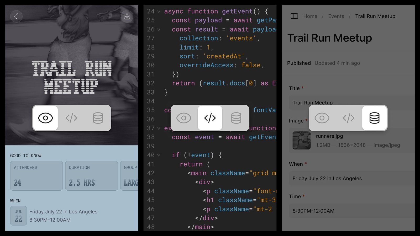 Offizieller Figma-Screenshot: drei Ansichten einer Trail-Run-Meetup-App als Vorschau, Code und CMS-Formular