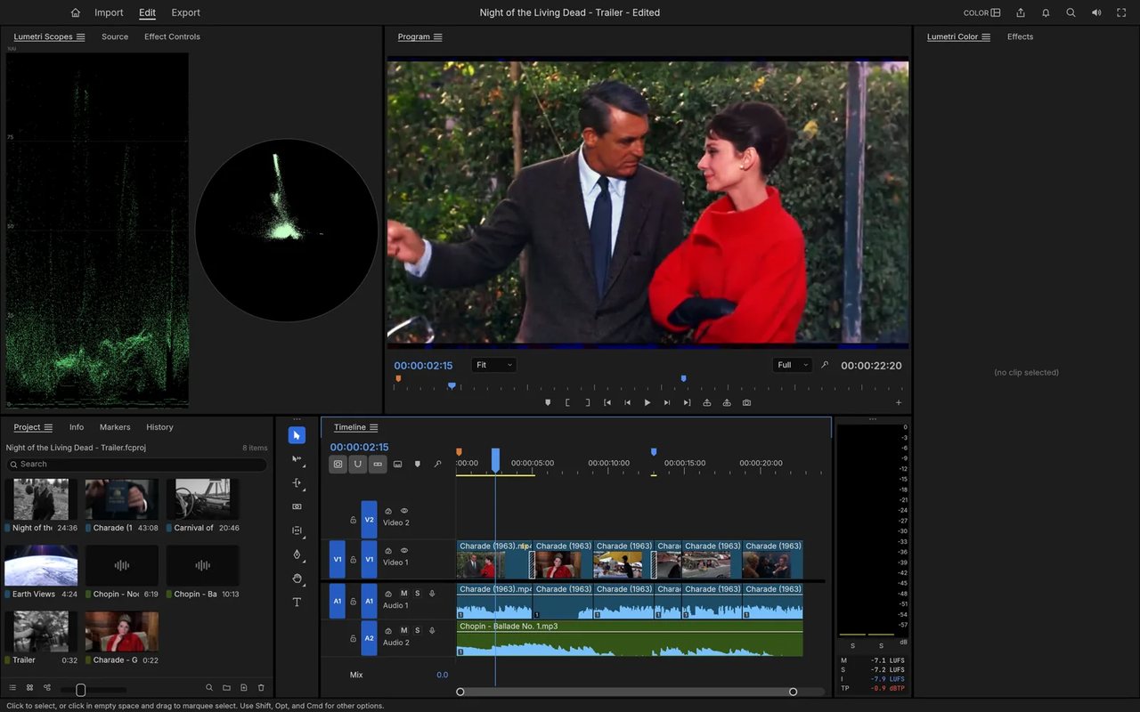 FilmCraft Videoschnitt Oberfläche mit Waveform-Scope, Vektorskop, Programmmonitor und Timeline mit zwei Video- und zwei Audiospuren