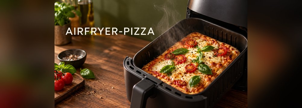 KI-Illustration einer rechteckigen Pizza im Korb einer Heißluftfritteuse
