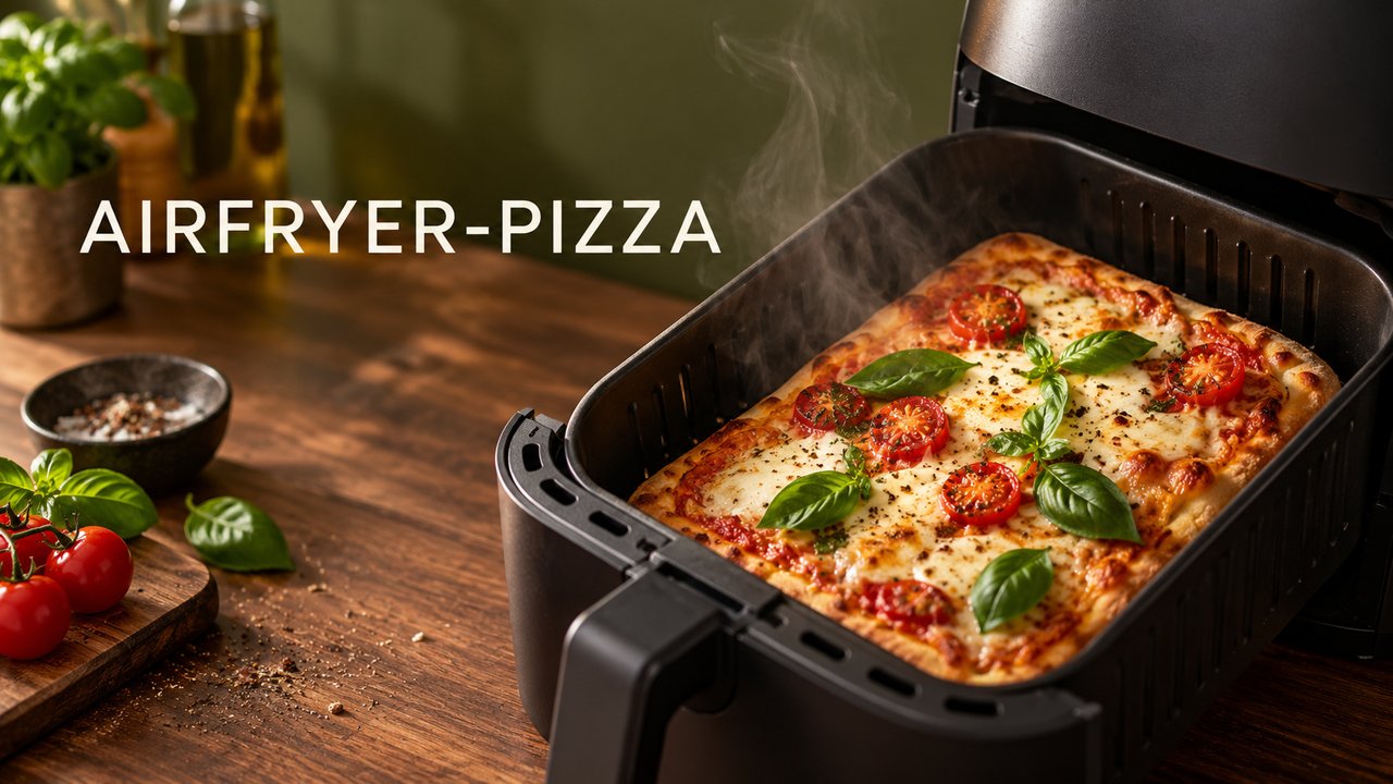 KI-Illustration einer rechteckigen Pizza in einem neutralen schwarzen Airfryer-Korb mit Schriftzug Airfryer-Pizza