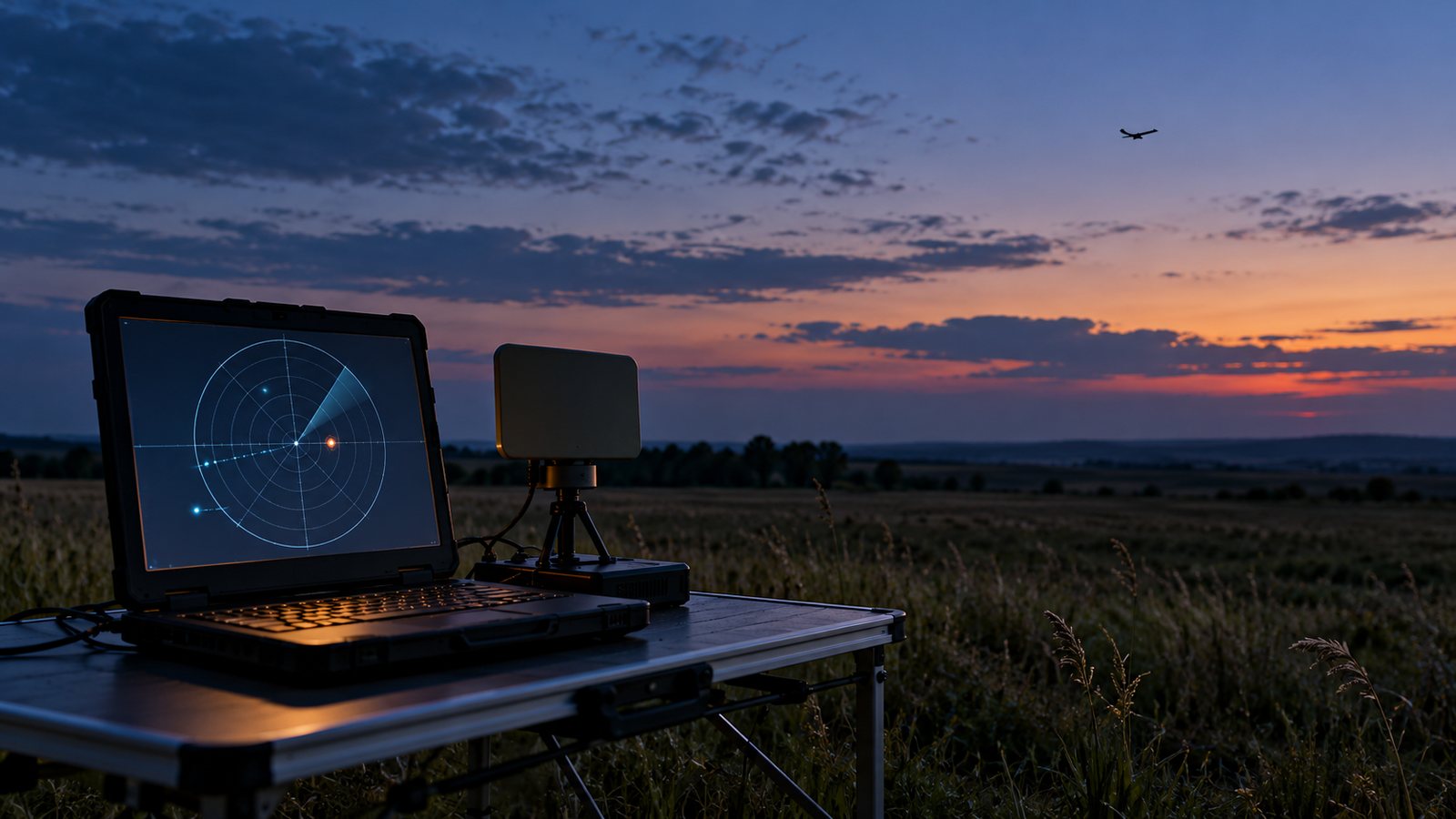 Symbolbild: Ein robuster Laptop mit Radaranzeige und eine kleine Sensoreinheit stehen auf einem Klapptisch in einem Feld bei Abenddämmerung, am Himmel ein kleines Fluggerät