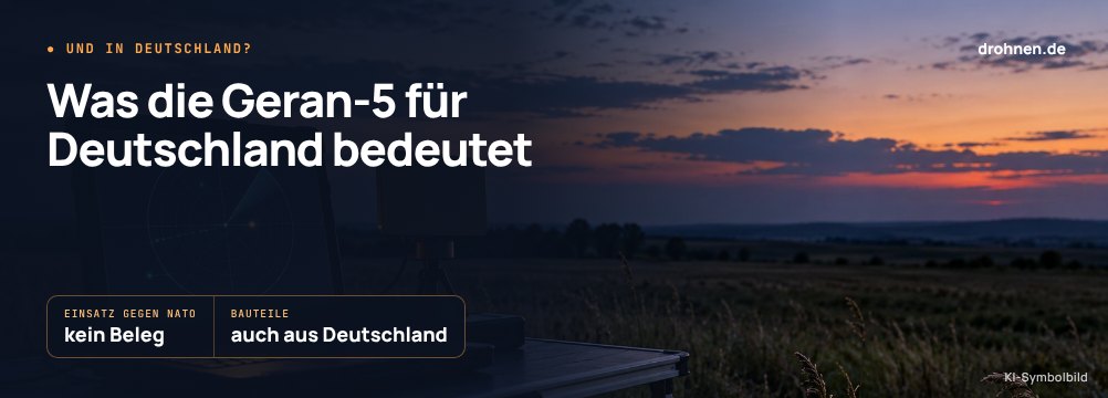 Banner mit dem Schriftzug Was die Geran-5 für Deutschland bedeutet vor einer abendlichen Feldszene mit Überwachungstechnik, Eckdaten kein Beleg für einen Einsatz gegen die NATO und Bauteile auch aus Deutschland