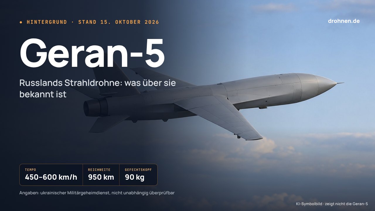 Grafik mit dem Schriftzug Geran-5 und den Eckdaten 450 bis 600 km/h, 950 Kilometer Reichweite und 90 Kilogramm Gefechtskopf laut ukrainischem Geheimdienst