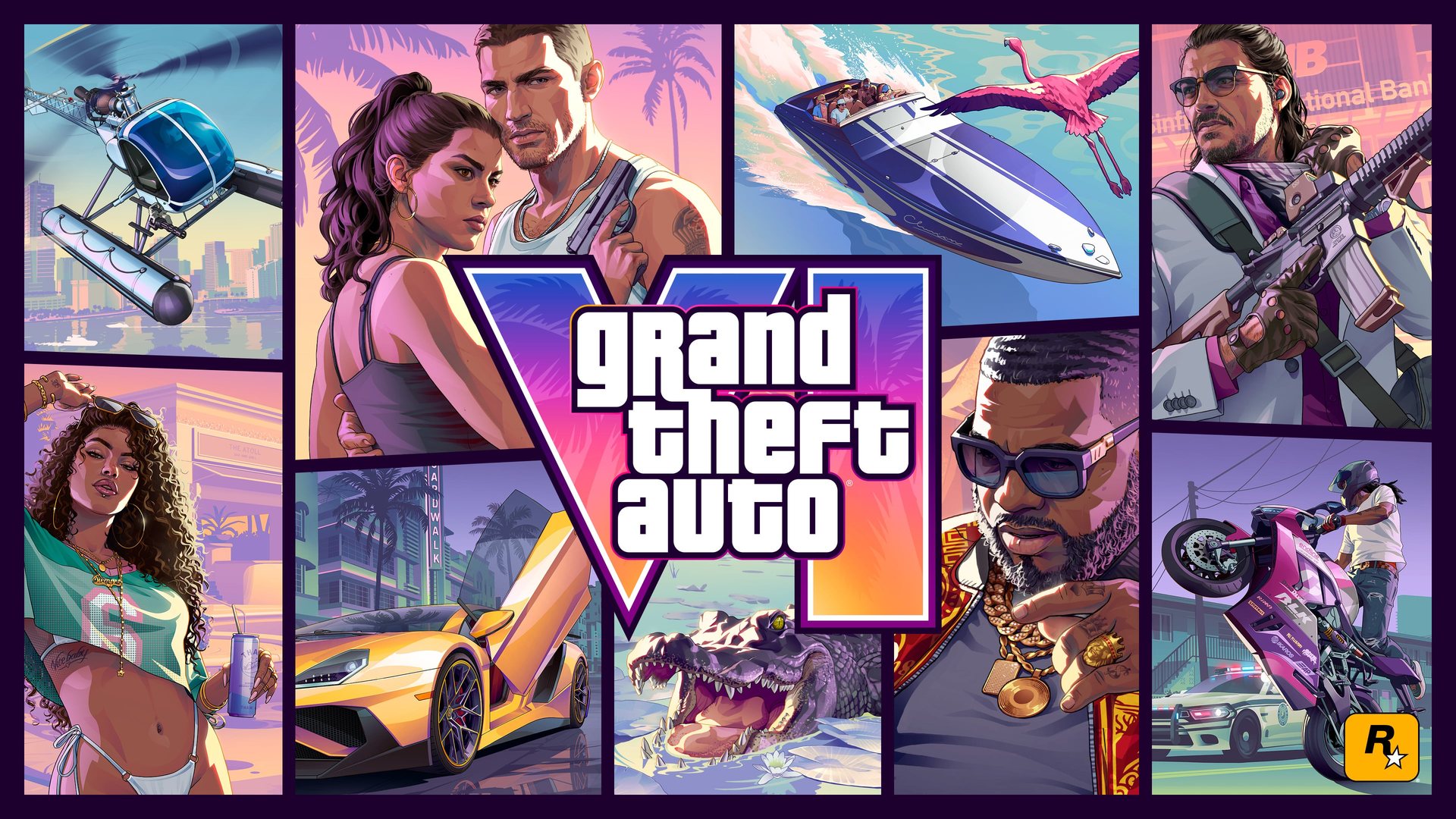 Offizielles Cover-Artwork von Grand Theft Auto VI mit Jason und Lucia, weiteren Figuren und dem großen Grand-Theft-Auto-VI-Schriftzug