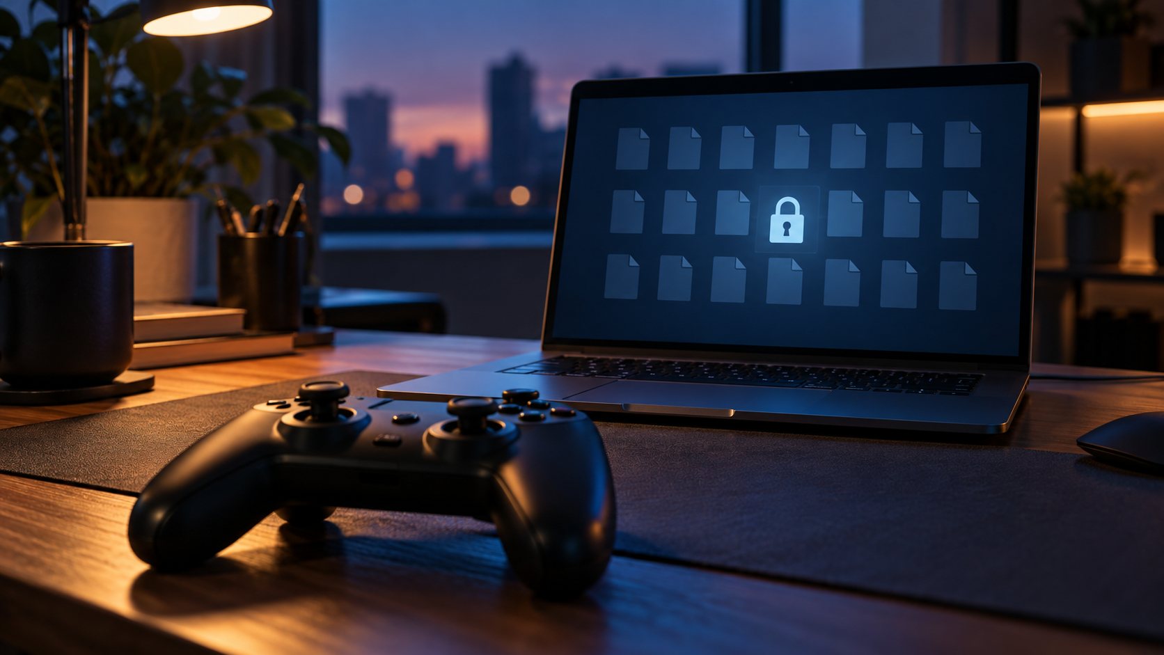 Symbolbild eines schwarzen Controllers vor einem Laptop mit abstrakten Dateisymbolen und einem Schloss