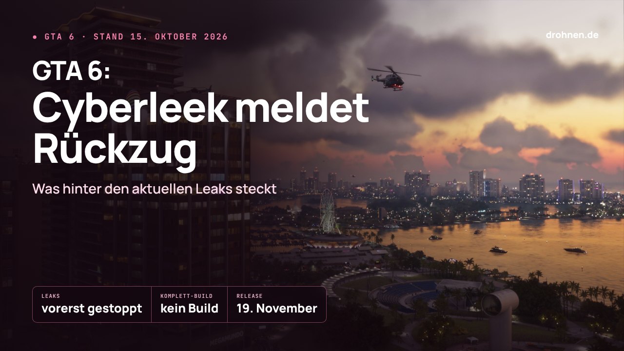 Grafik mit dem Schriftzug GTA 6: Cyberleek meldet Rückzug über einer nächtlichen Stadtansicht, darunter die Eckdaten Leaks vorerst gestoppt, kein Build und Release am 19. November