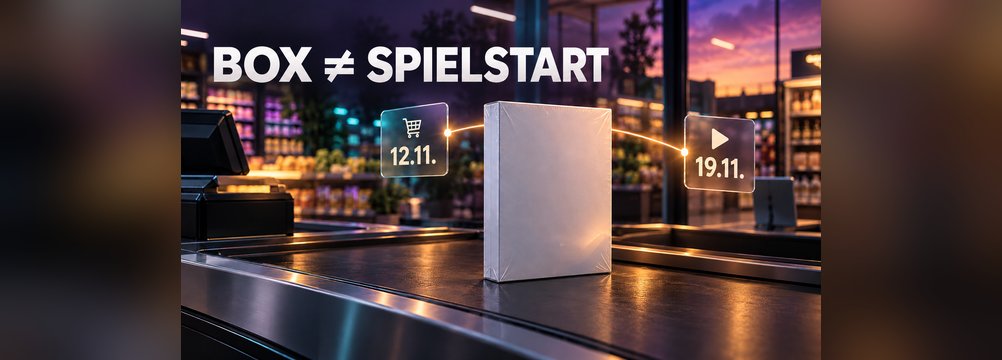 KI-Illustration einer neutralen Spielebox im Supermarkt mit den Terminen 12. und 19. November
