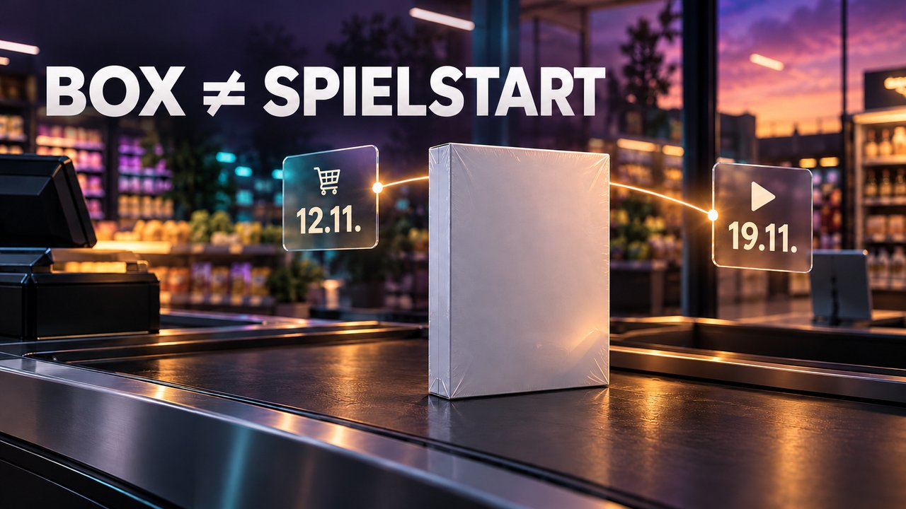 KI-Illustration: neutrale Spielebox an einer Supermarktkasse mit den Daten 12.11. und 19.11. und dem Schriftzug Box ungleich Spielstart