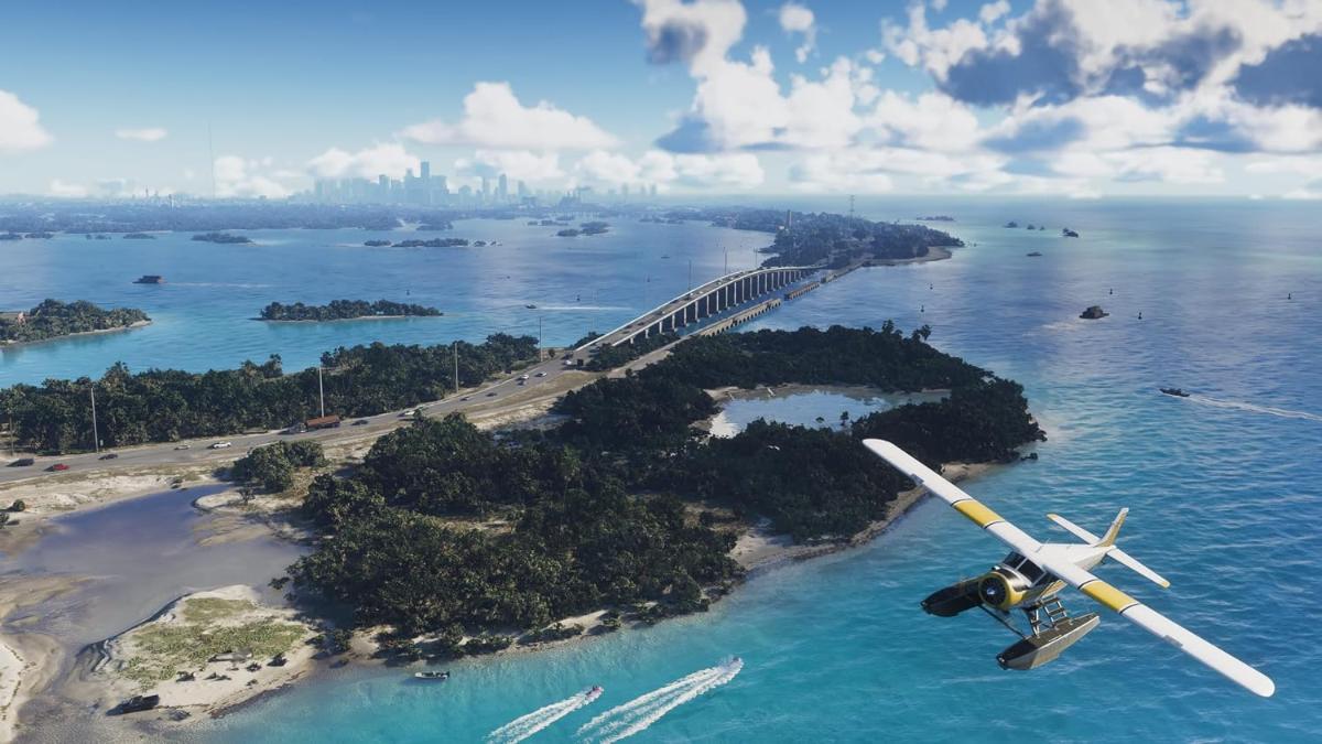 GTA-6-Screenshot der Leonida Keys mit langer Brücke, türkisem Wasser und einem Wasserflugzeug