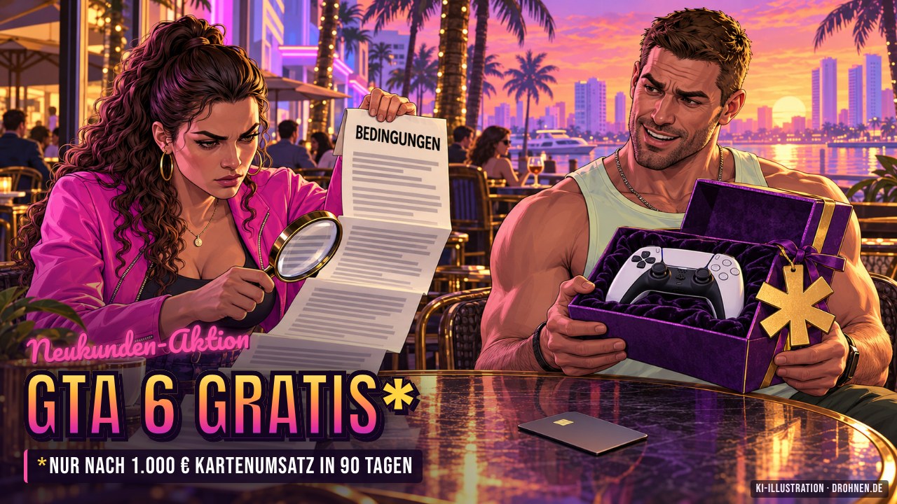 Illustration: Eine Frau prüft lange Aktionsbedingungen mit der Lupe, ein Mann hält eine Geschenkbox mit Controller und goldenem Sternchen; Schriftzug „GTA 6 gratis* – nur nach 1.000 € Kartenumsatz in 90 Tagen“