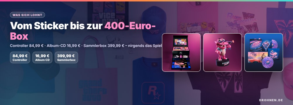 Banner GTA 6 Fanartikel: Controller 84,99 Euro, Album-CD 16,99 Euro, Sammlerbox 399,99 Euro