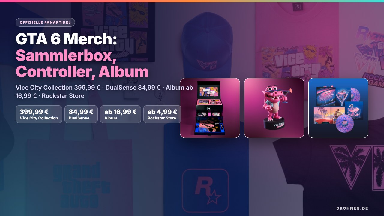 GTA 6 Merch Übersicht: Vice City Collection Sammlerbox, Macca-Figur, Album-Vinyl vor Rockstar-Store-Artikeln