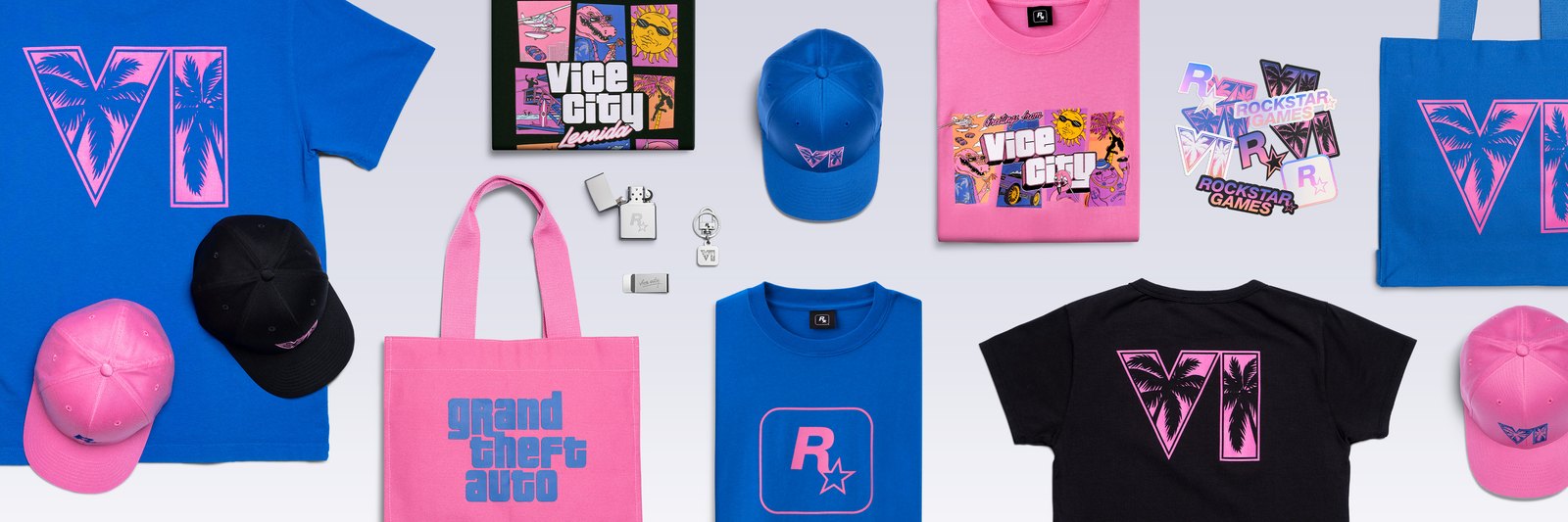 Grand Theft Auto VI Collection im Rockstar Store: Caps, T-Shirts, Taschen, Sticker und Schlüsselanhänger