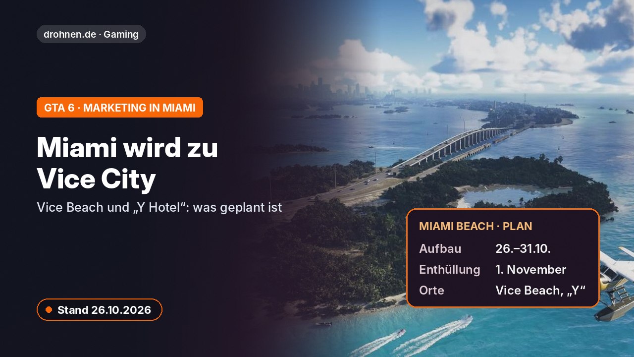 Headerbild: Leonida Keys aus GTA 6 mit Infokarte zu Aufbau, Enthüllung und den Orten Vice Beach und „Y“ in Miami Beach