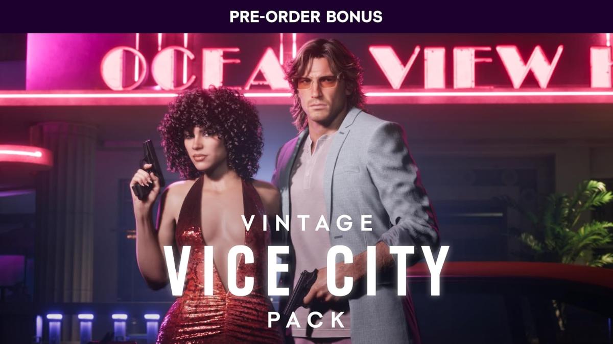 GTA-6-Motiv zum Vorbesteller-Bonus Vintage Vice City Pack mit zwei Figuren vor einem Neon-Hotelschild