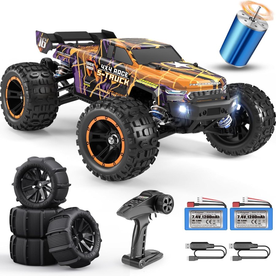 Orange-lila HAIBOXING 1/16 Brushless-Truck mit Paddelreifen, Brushless-Motor, Fernsteuerung und zwei Akkus