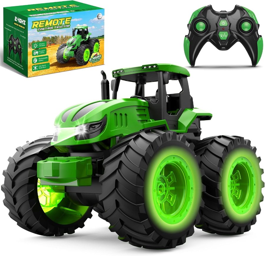 Grüner HappyGoLucky-Monstertraktor mit leuchtenden Reifen, Fernbedienung und Verpackung